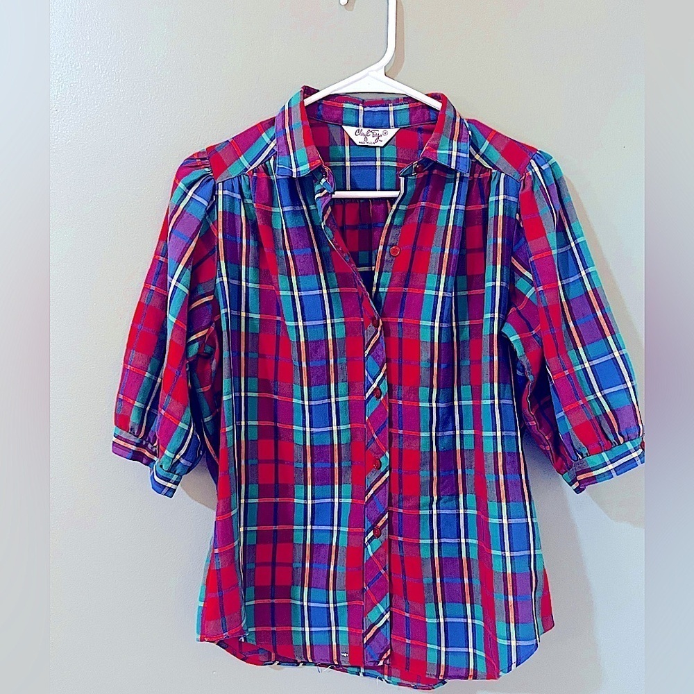 Vintage Cheryl Tiegs colorful striped shirt size 12 balloon sleeve button up